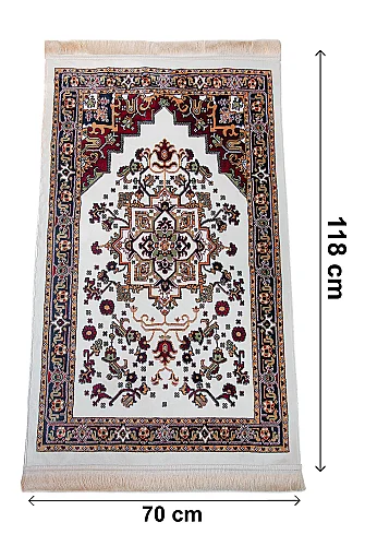 Halı Seccade Desenli – Klasik Motifli Kaymaz Tabanlı Namazlık - Krem - 4