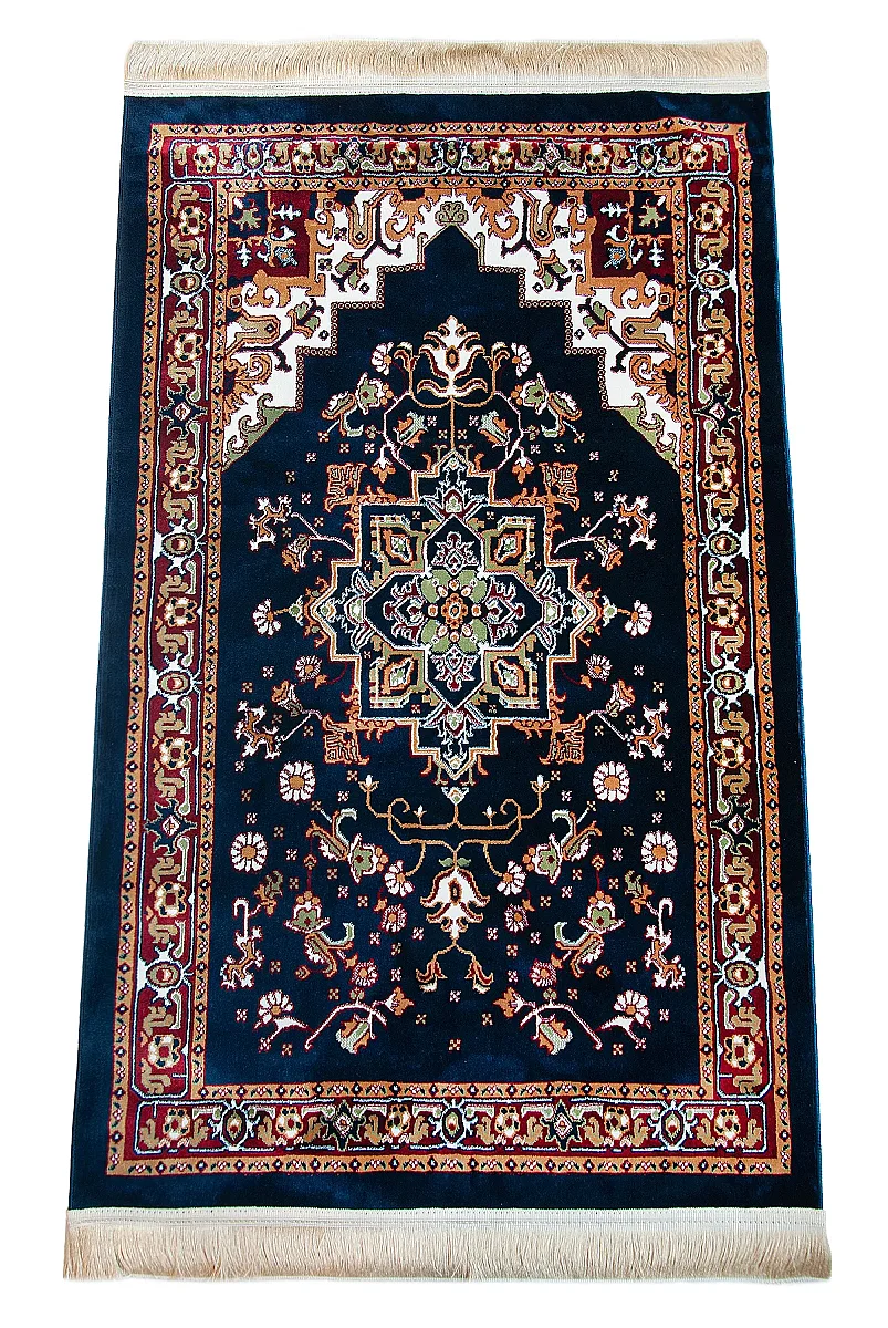 Halı Seccade Desenli – Klasik Motifli Kaymaz Tabanlı Namazlık - Lacivert - 1