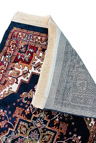 Halı Seccade Desenli – Klasik Motifli Kaymaz Tabanlı Namazlık - Lacivert - 4