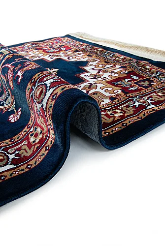 Halı Seccade Desenli – Klasik Motifli Kaymaz Tabanlı Namazlık - Lacivert - 5