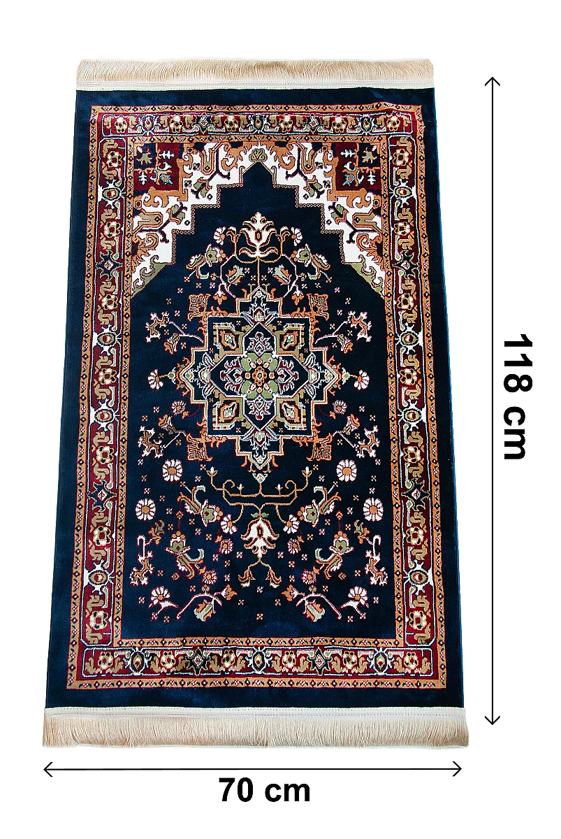 Halı Seccade Desenli – Klasik Motifli Kaymaz Tabanlı Namazlık - Lacivert - 2