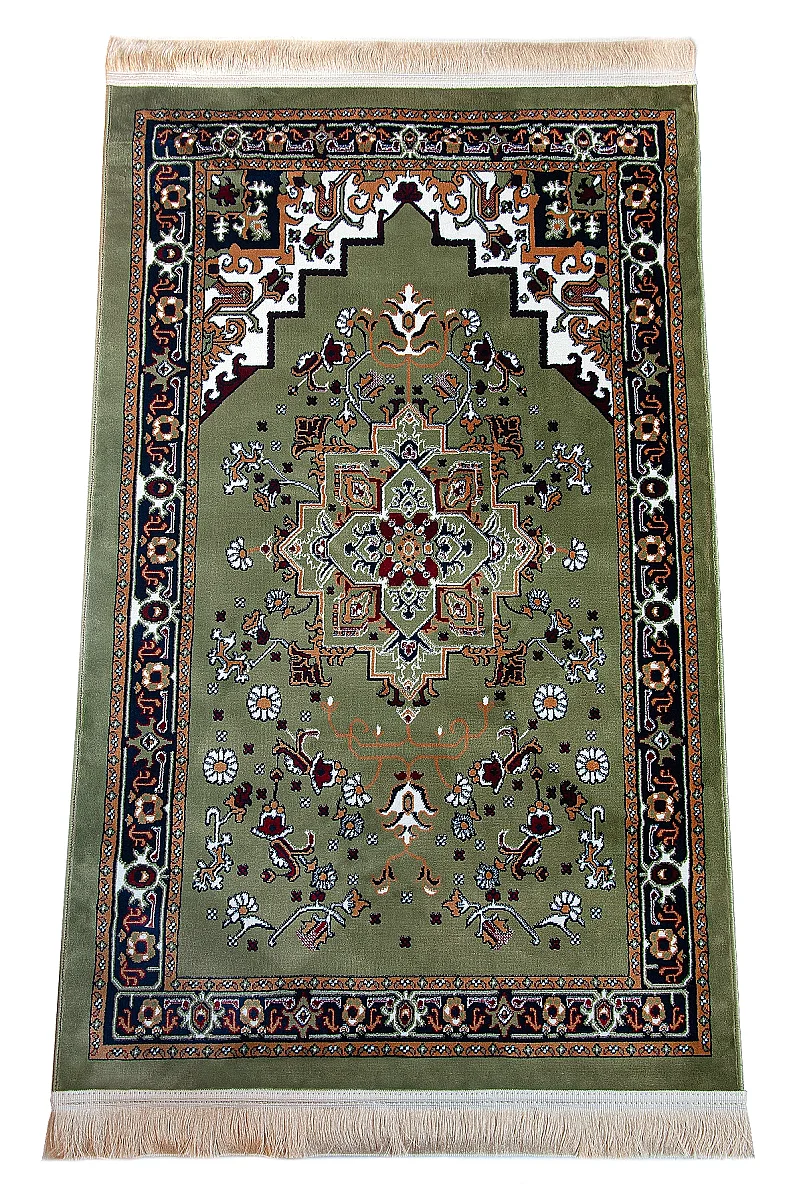 Halı Seccade Desenli – Klasik Motifli Kaymaz Tabanlı Namazlık - Yeşil - 3