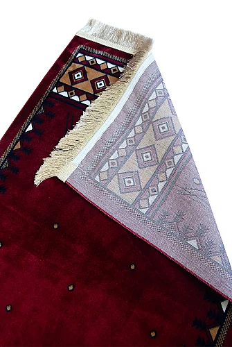 Halı Seccade Saçaklı Kaymaz Tabanlı Dokuma Seccade - Kırmızı - 4