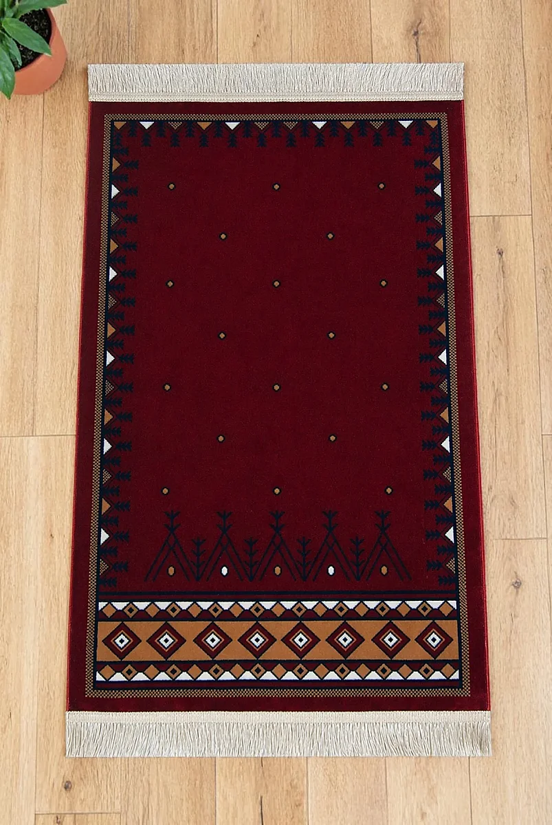 Halı Seccade Saçaklı Kaymaz Tabanlı Dokuma Seccade - Kırmızı - 1