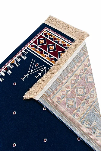 Halı Seccade Saçaklı Kaymaz Tabanlı Dokuma Seccade - Lacivert - 4