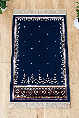 Halı Seccade Saçaklı Kaymaz Tabanlı Dokuma Seccade - Lacivert 