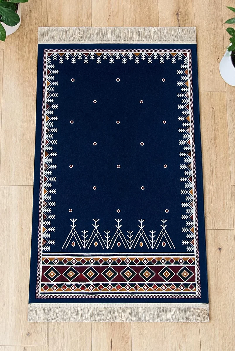 Halı Seccade Saçaklı Kaymaz Tabanlı Dokuma Seccade - Lacivert - 1