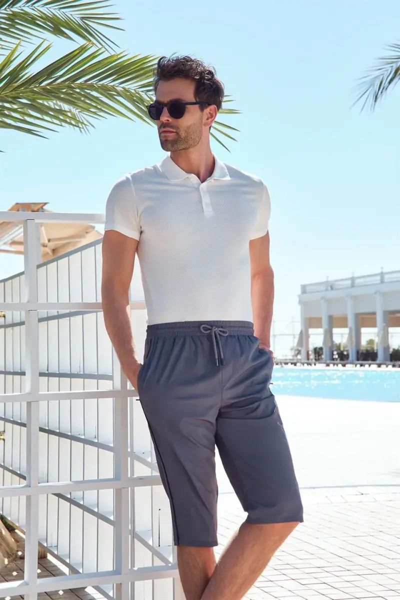 Haşema Akan Yan Şeritli Uzun Erkek Deniz Şortu HSM-2979 Gri - 1