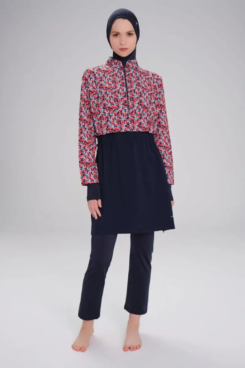 Haşema Alisya Lacivert Jileli 5 Parça Kız Çocuk Tesettür Mayo Takımı HSM4056 - 1