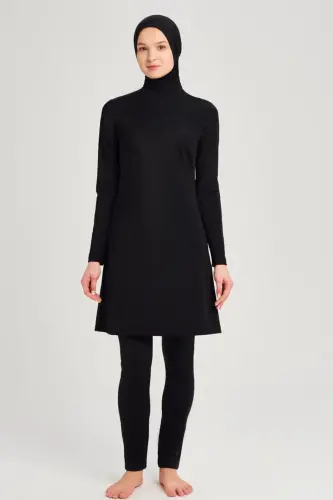 Haşema Berrak Likralı 4 Parça Büyük Beden Tam Kapalı Tesettür Mayo 6028-25 Siyah - 1