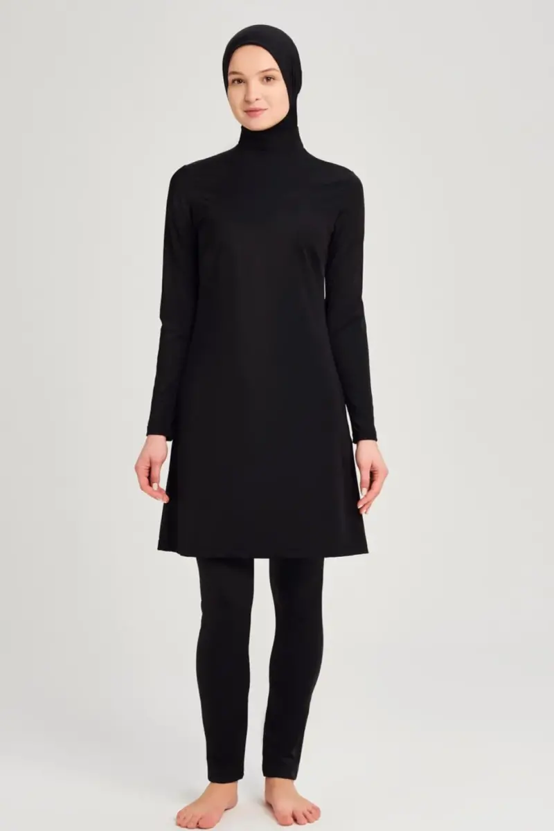 Haşema Berrak Likralı 4 Parça Büyük Beden Tam Kapalı Tesettür Mayo 6028-25 Siyah - 1