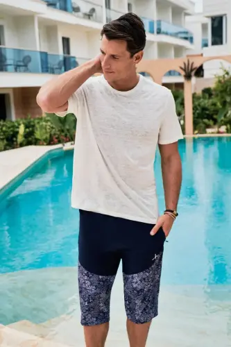 Haşema Desenli Fermuarlı Cepli Uzun Erkek Havuz ve Deniz Şortu 2413-25 Lacivert - 1