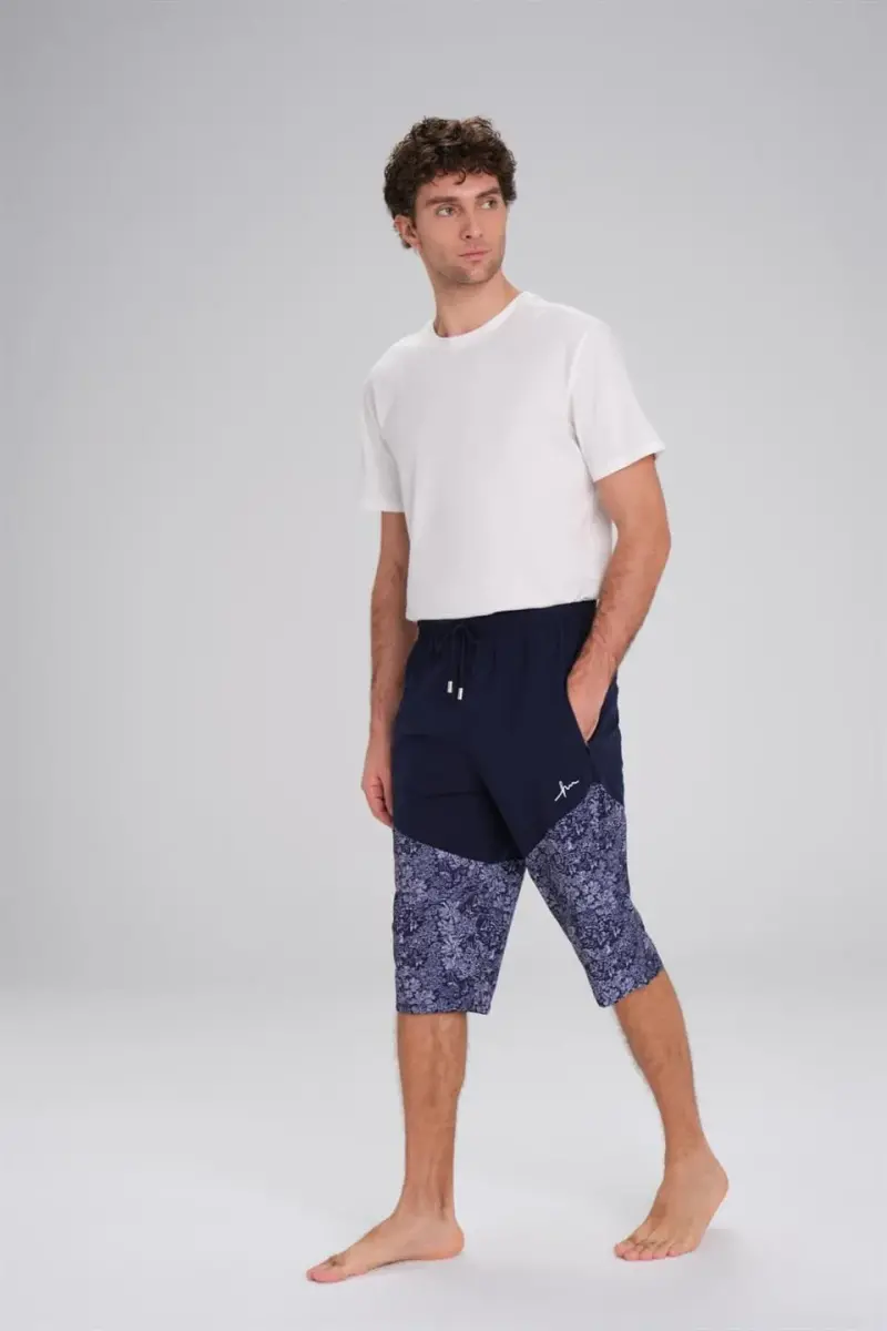 Haşema Desenli Fermuarlı Cepli Uzun Erkek Havuz ve Deniz Şortu 2413-25 Lacivert - 3