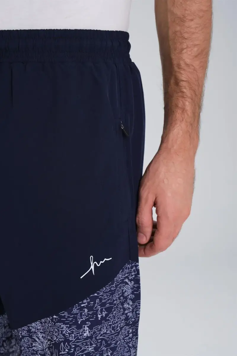 Haşema Desenli Fermuarlı Cepli Uzun Erkek Havuz ve Deniz Şortu 2413-25 Lacivert - 5