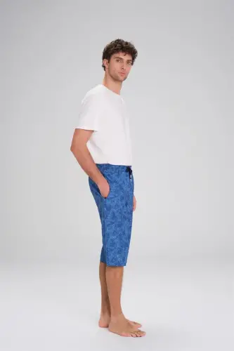 Haşema Desenli Fermuarlı Cepli Uzun Erkek Havuz ve Deniz Şortu 2419-25 Mavi - 3