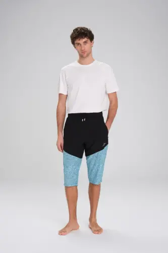 Haşema Desenli Fermuarlı Cepli Uzun Erkek Havuz ve Deniz Şortu 2420-25 Siyah Mavi - Haşema (1)