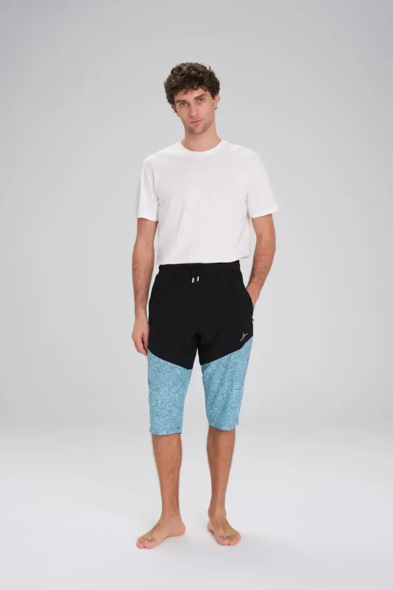 Haşema Desenli Fermuarlı Cepli Uzun Erkek Havuz ve Deniz Şortu 2420-25 Siyah Mavi - 2