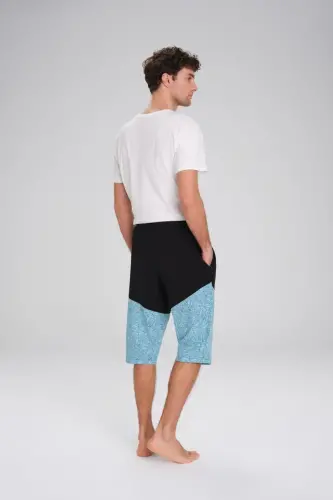 Haşema Desenli Fermuarlı Cepli Uzun Erkek Havuz ve Deniz Şortu 2420-25 Siyah Mavi - 4