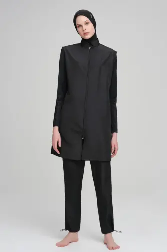 Haşema Dokuma 5 Parça Büyük Beden Tam Tesettür Mayo Takımı Siyah 6027 - 1