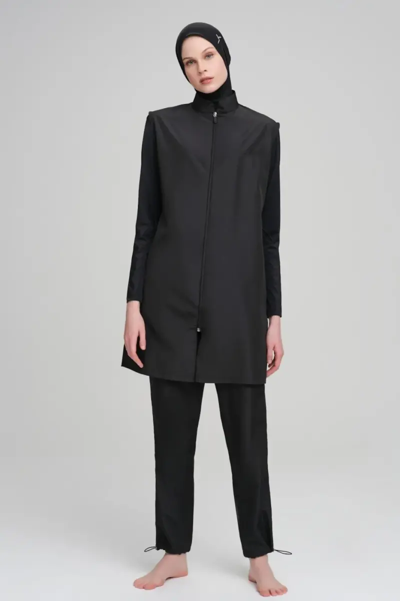 Haşema Dokuma 5 Parça Büyük Beden Tam Tesettür Mayo Takımı Siyah 6027 - 1