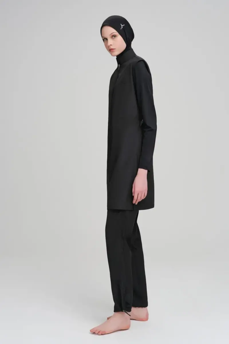 Haşema Dokuma 5 Parça Büyük Beden Tam Tesettür Mayo Takımı Siyah 6027 - 2