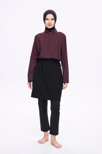 Haşema Esila 5 Parça Jileli Fermuarlı Tam Kapalı Tesettür Mayo Takımı 2934-25 Mor Siyah 