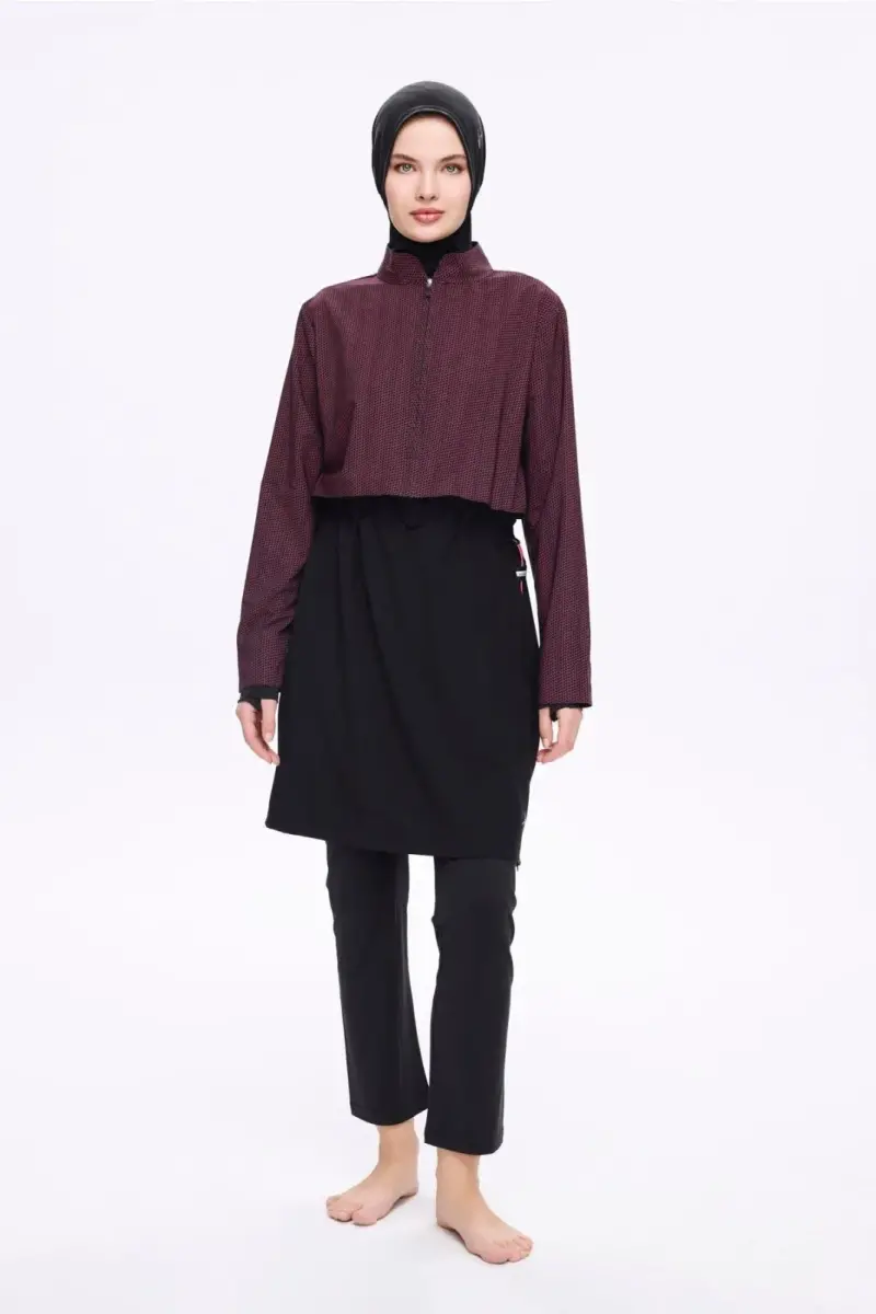Haşema Esila 5 Parça Jileli Fermuarlı Tam Kapalı Tesettür Mayo Takımı 2934-25 Mor Siyah - 1