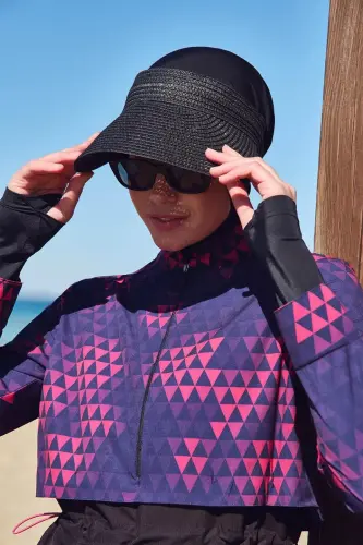 Haşema Esila Black Fuchsia Gilet Patterned Fully Covered Hijab Swimsuit HSM2934 - Haşema (1)