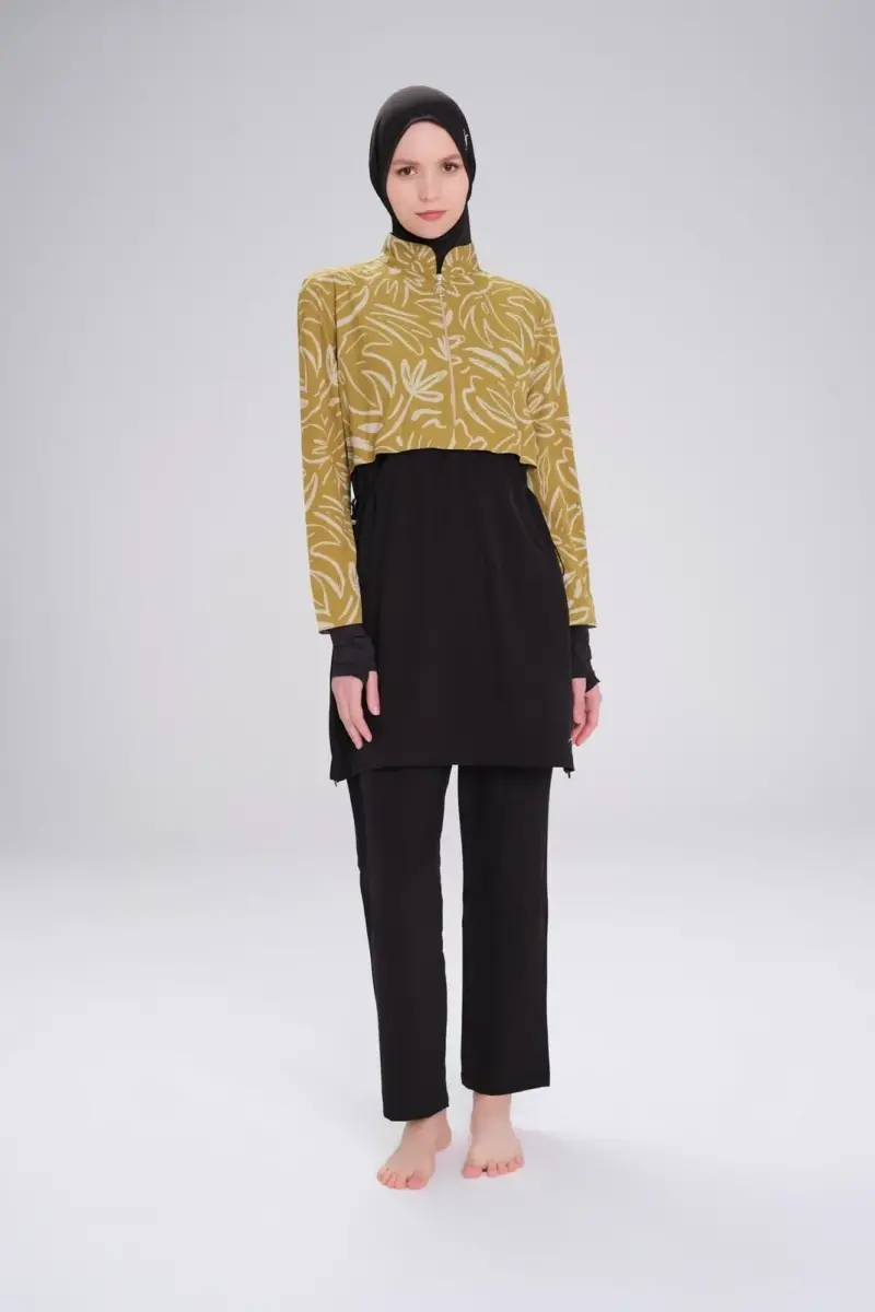Haşema Esila Çiçek Desenli Siyah Haki Jileli Tam Kapalı Tam Tesettür Mayo Üstü HSM-2934 - 2