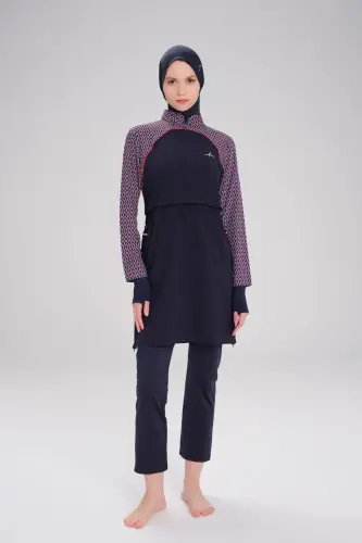 Haşema Esila Lacivert Kırmızı Kolu Desenli Jileli Tam Kapalı Tesettür Mayo Takımı HSM-2944 - 3