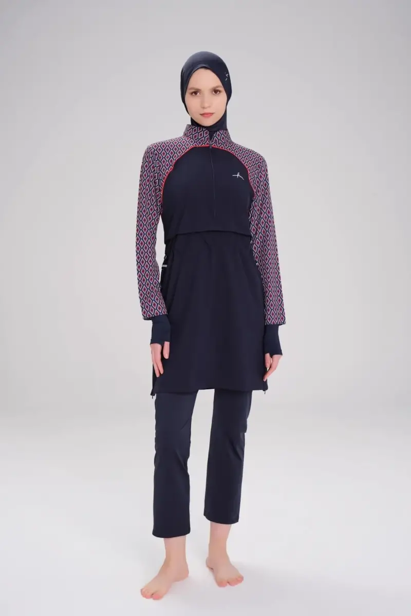 Haşema Esila Lacivert Kırmızı Kolu Desenli Jileli Tam Kapalı Tesettür Mayo Takımı HSM-2944 - 3