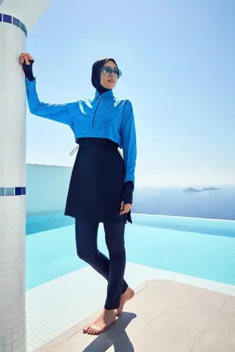 Haşema Esila Monogram Desenli Lacivert Tam Kapalı Tesettür Mayo Takımı - Haşema (1)