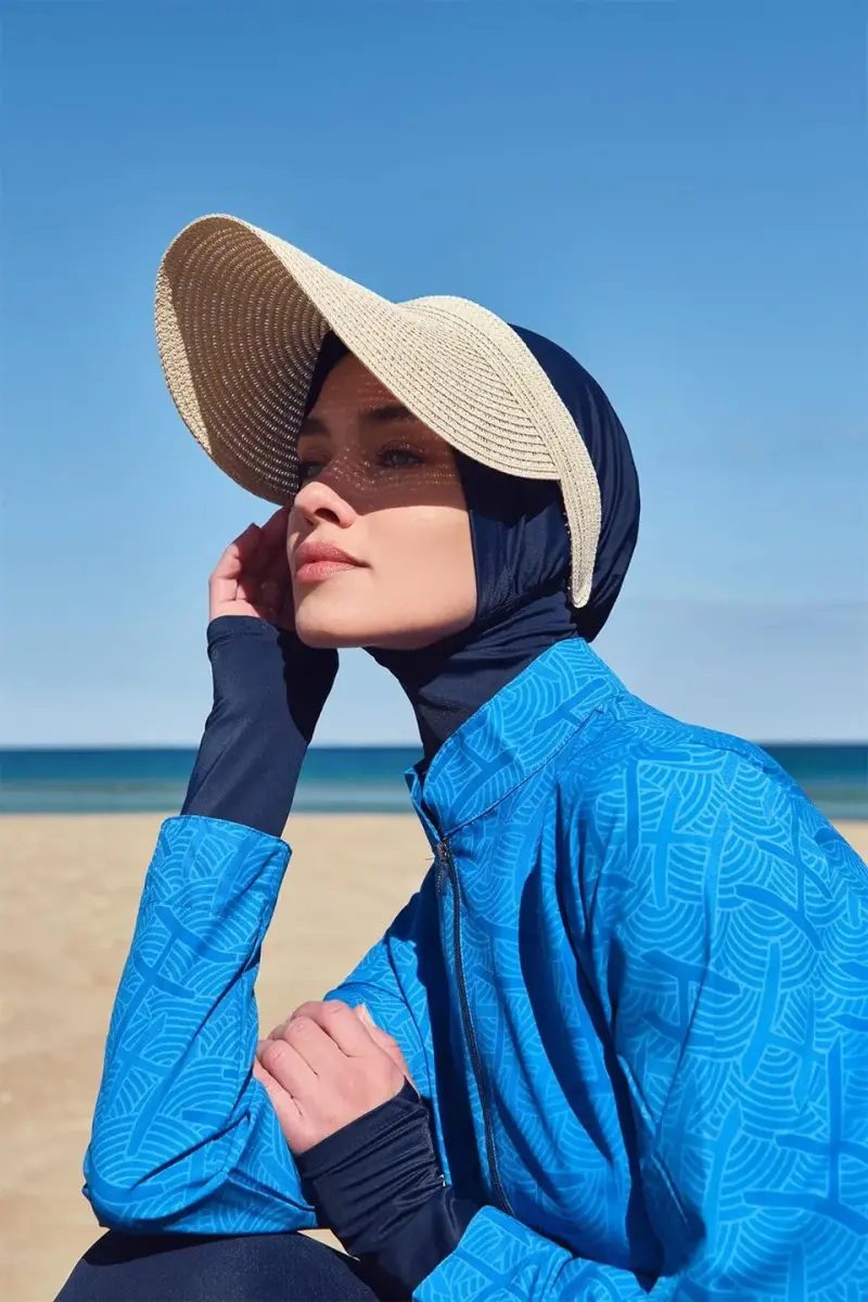 Haşema Esila Monogram Desenli Lacivert Tam Kapalı Tesettür Mayo Takımı - 3