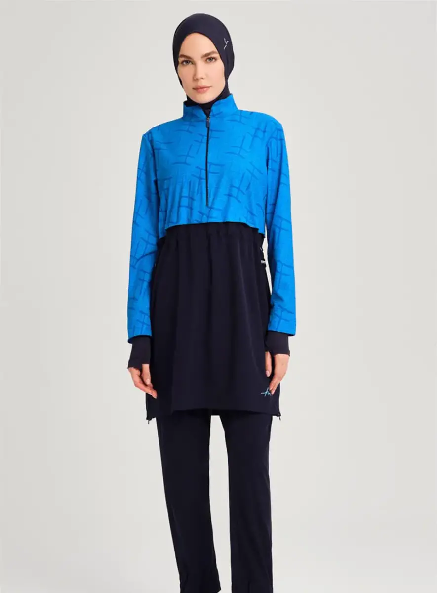 Haşema Esila Monogram Desenli Lacivert Tam Kapalı Tesettür Mayo Takımı - 4