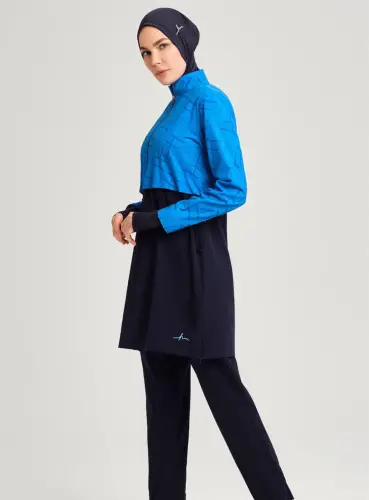 Haşema Esila Monogram Desenli Lacivert Tam Kapalı Tesettür Mayo Takımı - 6