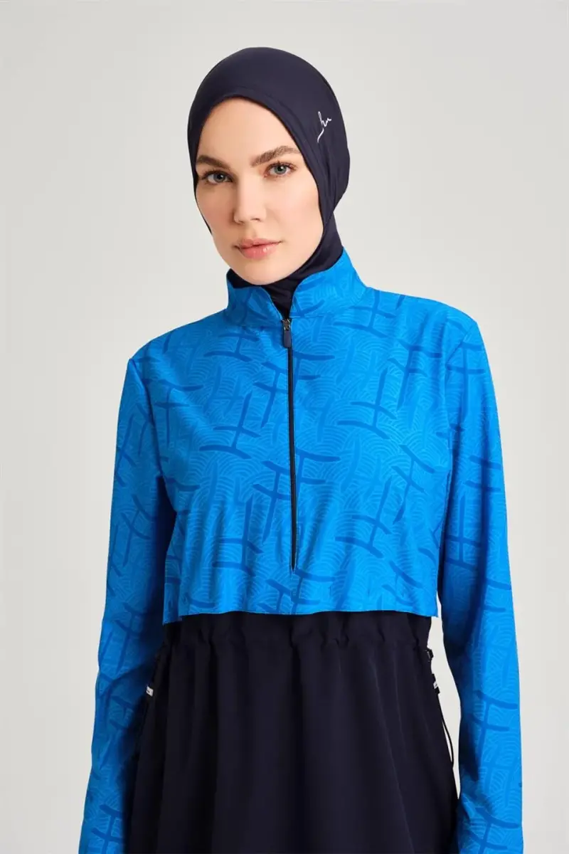 Haşema Esila Monogram Desenli Lacivert Tam Kapalı Tesettür Mayo Takımı - 7