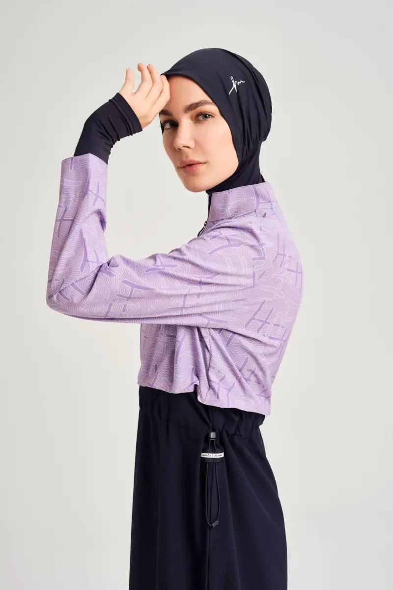 Haşema Esila Monogram Desenli 5 Parça Tam Tesettür Mayo Takımı Hızlı Kuruyan Mayo HSM-2934-09 Lila - 4