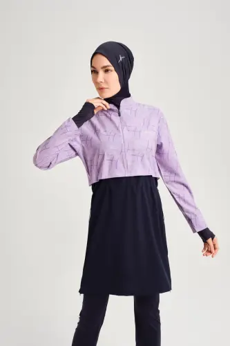 Haşema Esila Monogram Desenli 5 Parça Tam Tesettür Mayo Takımı Hızlı Kuruyan Mayo HSM-2934-09 Lila - 5