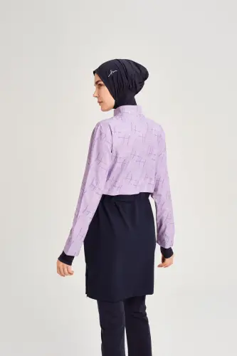 Haşema Esila Monogram Desenli 5 Parça Tam Tesettür Mayo Takımı Hızlı Kuruyan Mayo HSM-2934-09 Lila - 6