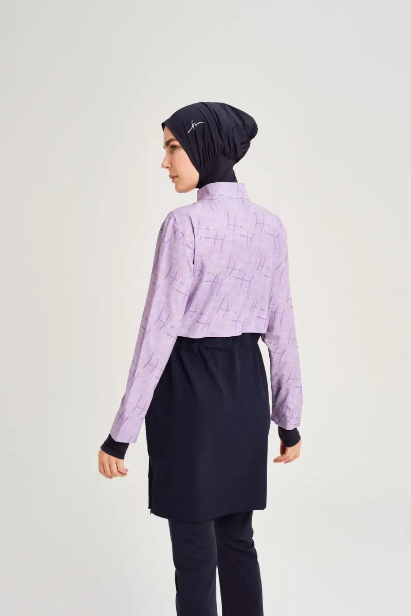 Haşema Esila Monogram Desenli 5 Parça Tam Tesettür Mayo Takımı Hızlı Kuruyan Mayo HSM-2934-09 Lila - 6