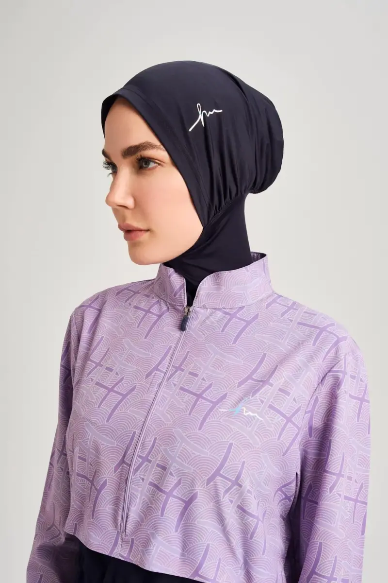 Haşema Esila Monogram Desenli 5 Parça Tam Tesettür Mayo Takımı Hızlı Kuruyan Mayo HSM-2934-09 Lila - 9