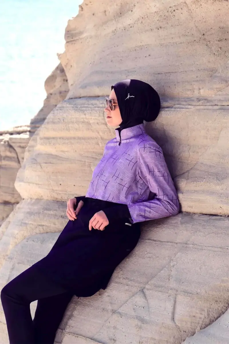 Haşema Esila Monogram Patterned Fully Covered Hijab Swimsuit HSM-2934 Lilac - 5