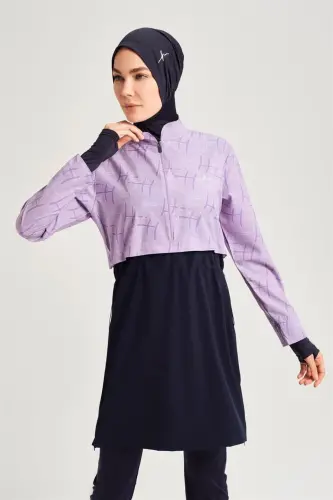 Haşema Esila Monogram Patterned Fully Covered Hijab Swimsuit HSM-2934 Lilac - 8