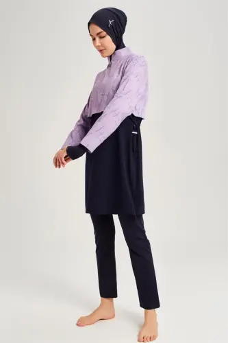 Haşema Esila Monogram Patterned Fully Covered Hijab Swimsuit HSM-2934 Lilac - 7