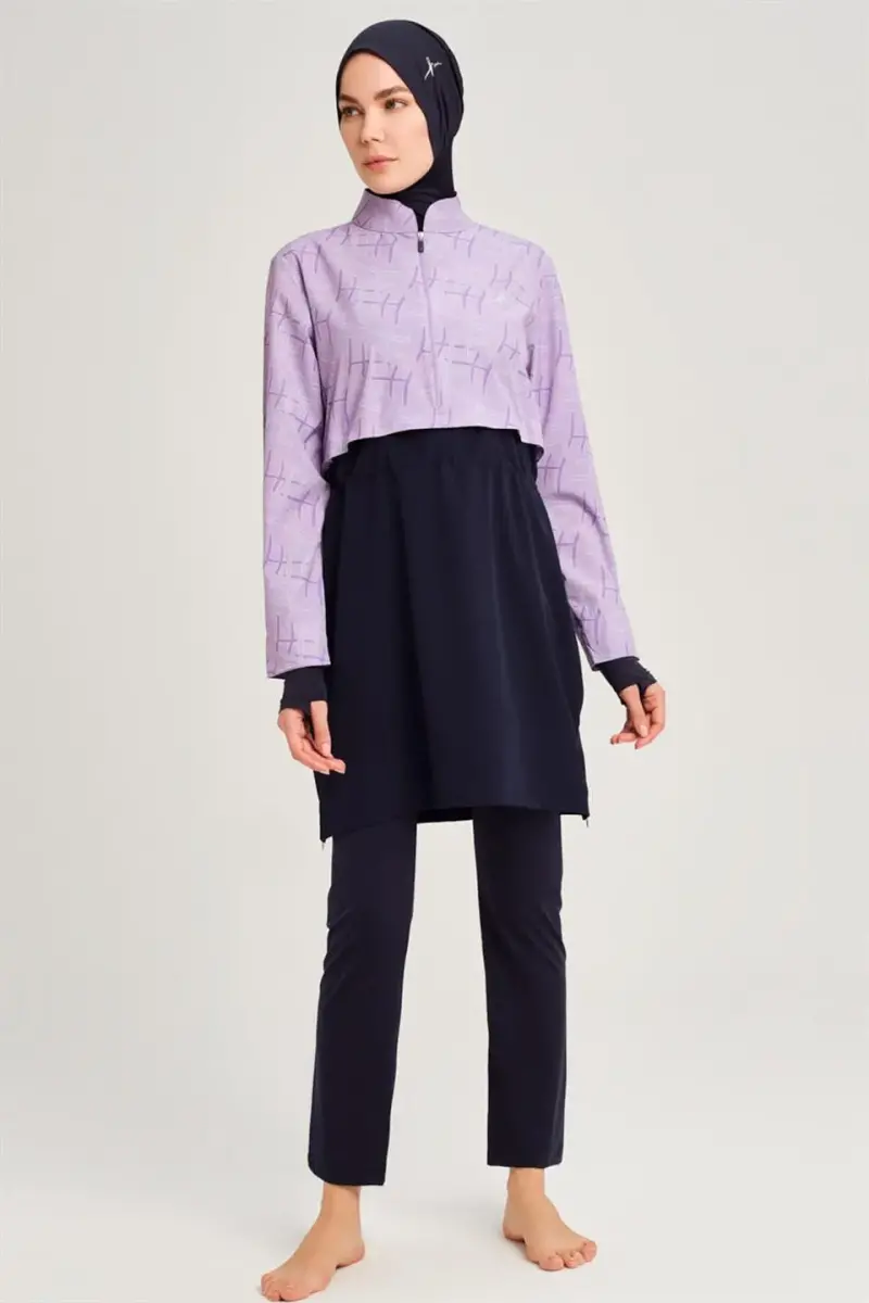 Haşema Esila Monogram Patterned Fully Covered Hijab Swimsuit HSM-2934 Lilac - 2