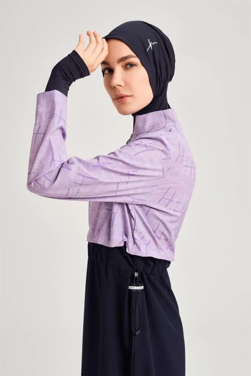 Haşema Esila Monogram Patterned Fully Covered Hijab Swimsuit HSM-2934 Lilac - 4
