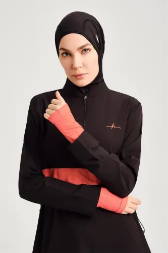 Haşema Esila Şerit Monogram Siyah Turuncu Tam Kapalı Tesettür Mayo HSM2934 - 5