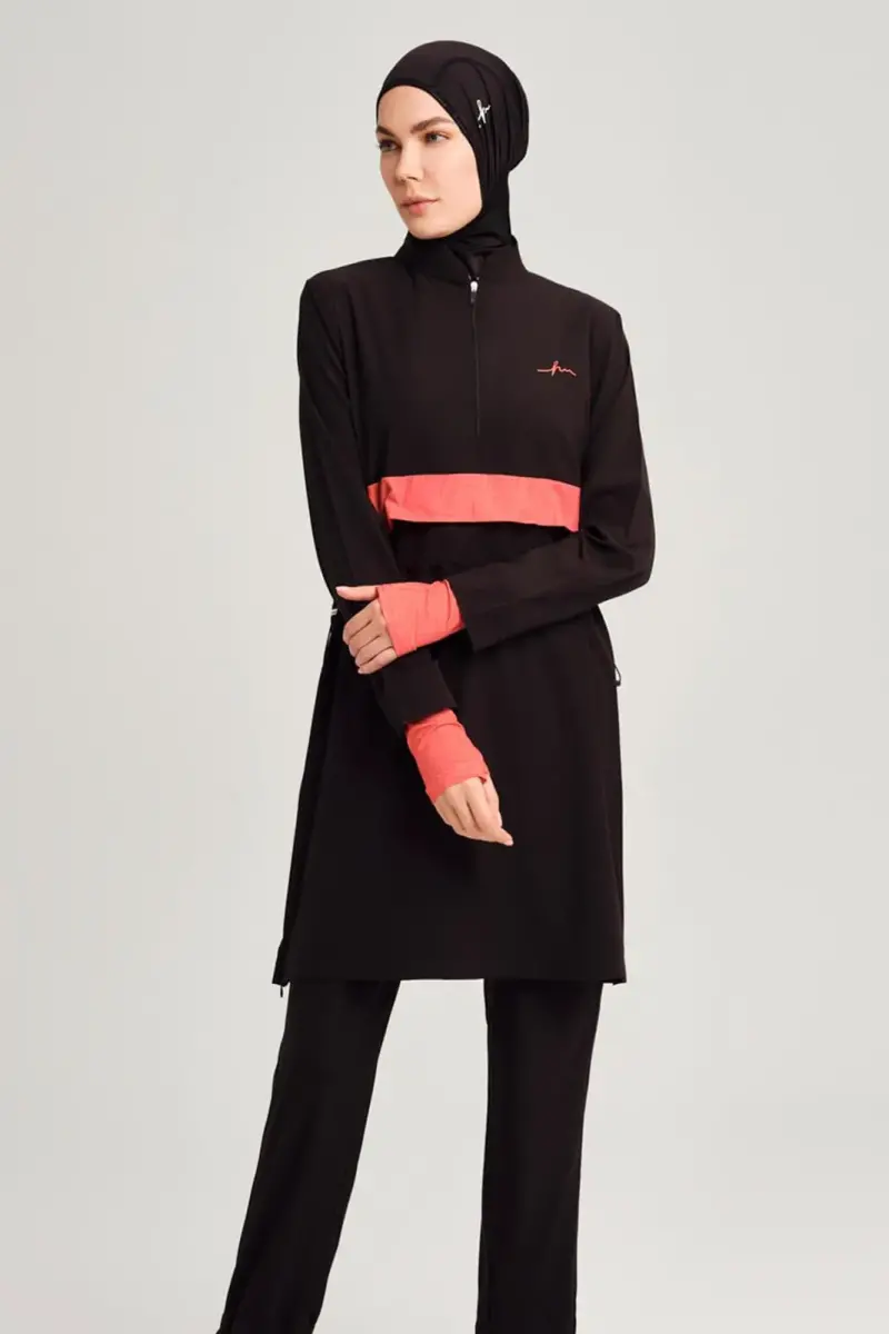 Haşema Esila Stripe Monogram Black Orange Fully Covered Hijab Swimsuit HSM2934 - 6