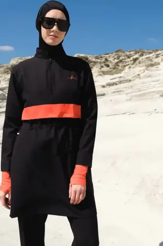 Haşema Esila Stripe Monogram Black Orange Fully Covered Hijab Swimsuit HSM2934 - 3