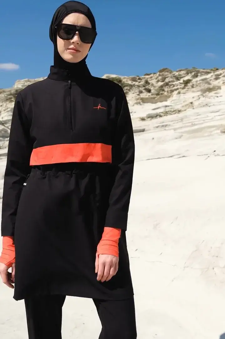 Haşema Esila Stripe Monogram Black Orange Fully Covered Hijab Swimsuit HSM2934 - 3